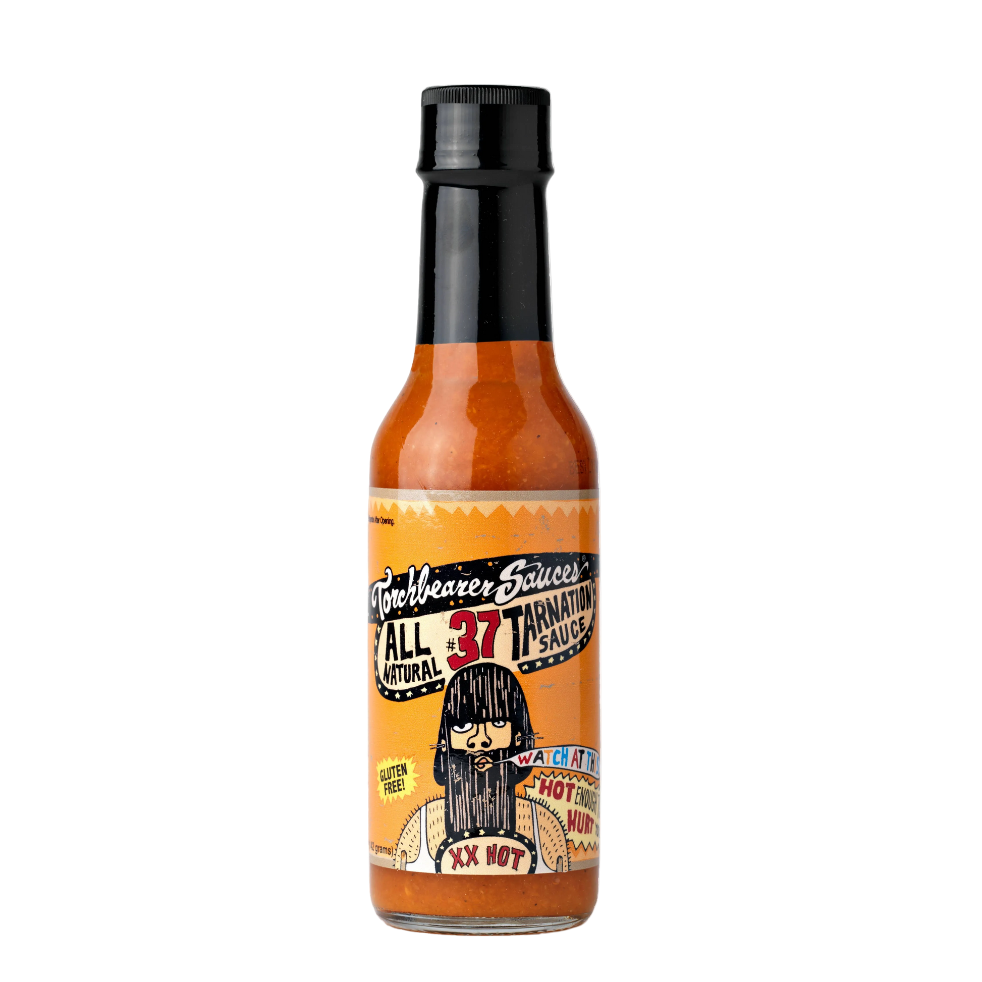 Hot sauce bottle with a colorful label on a white background