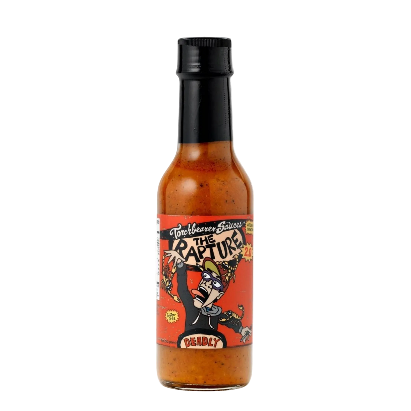 Hot sauce bottle with a colorful label on a white background