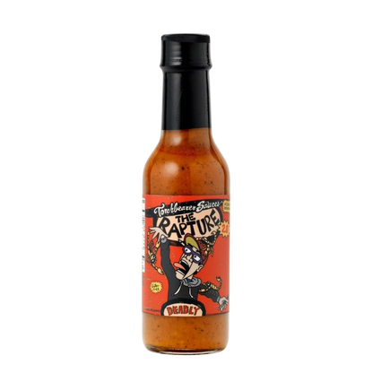 Hot sauce bottle with a colorful label on a white background