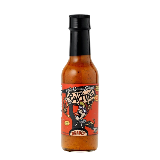 Hot sauce bottle with a colorful label on a white background
