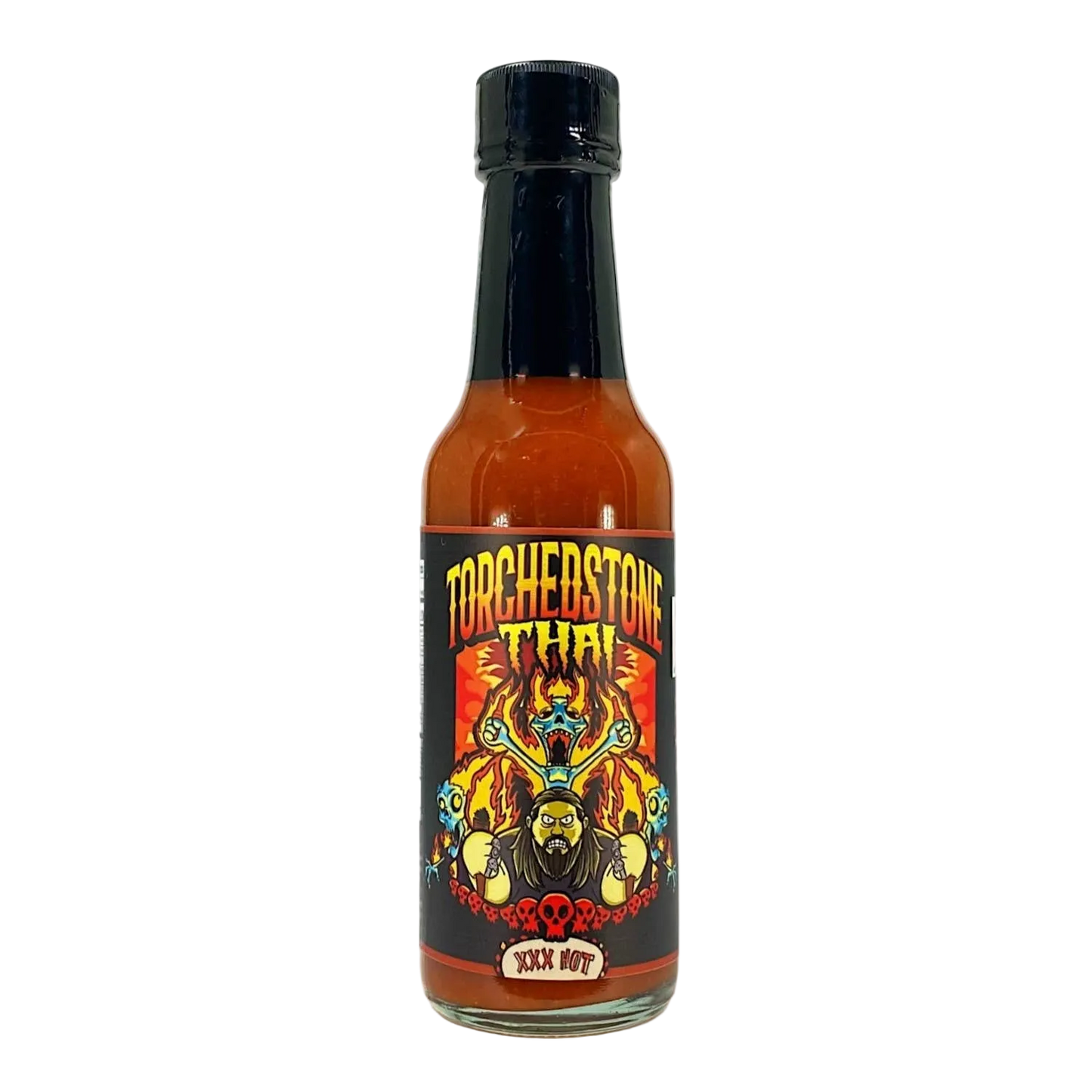 Hot sauce bottle with colorful label on a white background