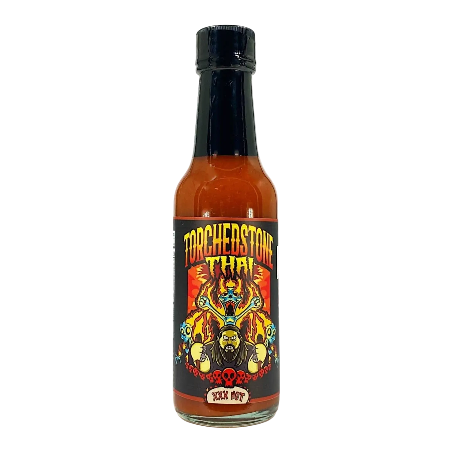 Hot sauce bottle with colorful label on a white background