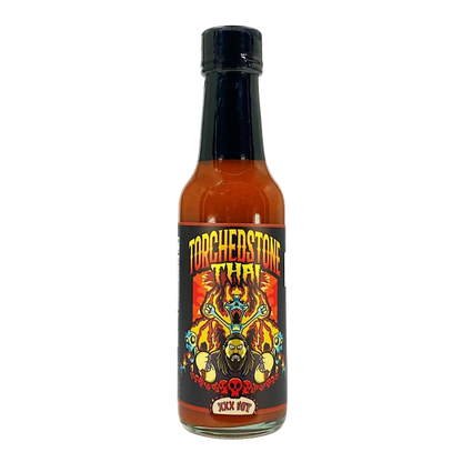 Hot sauce bottle with colorful label on a white background