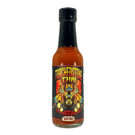 Hot sauce bottle with colorful label on a white background