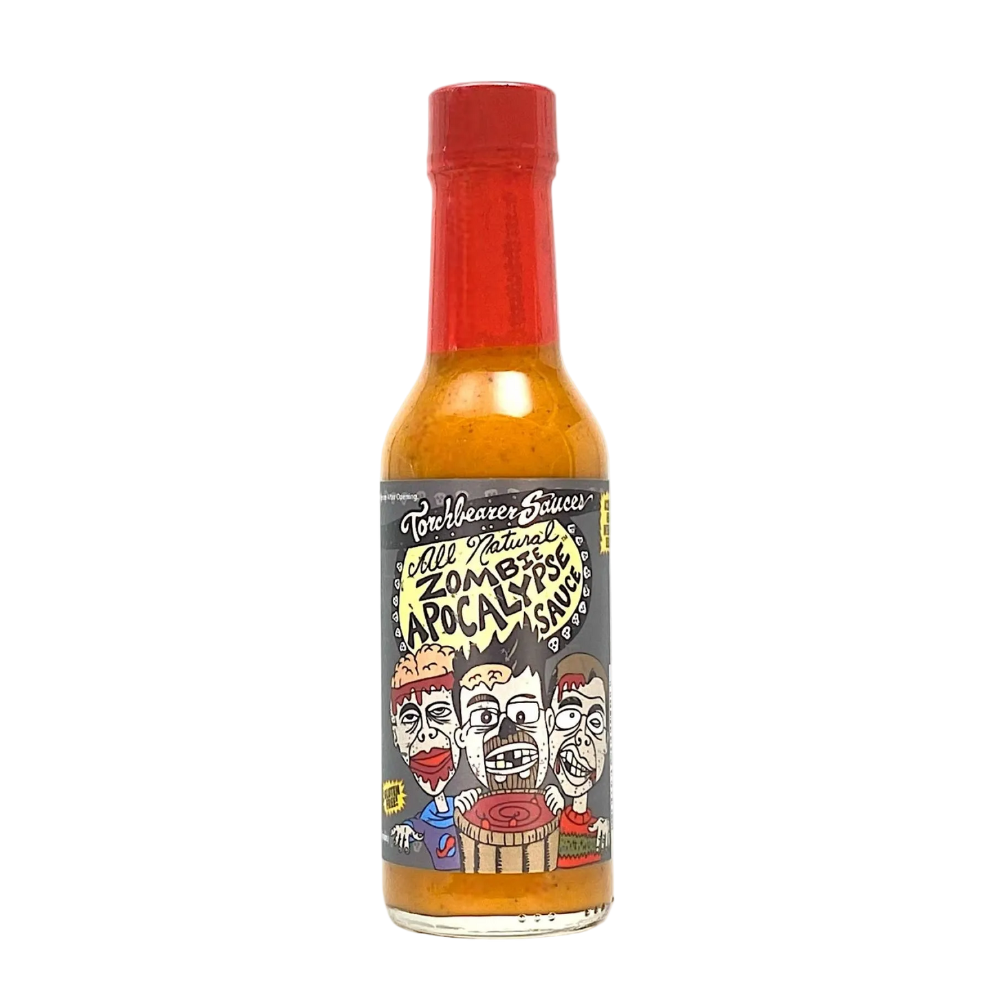 Hot sauce bottle with a colorful label on a white background