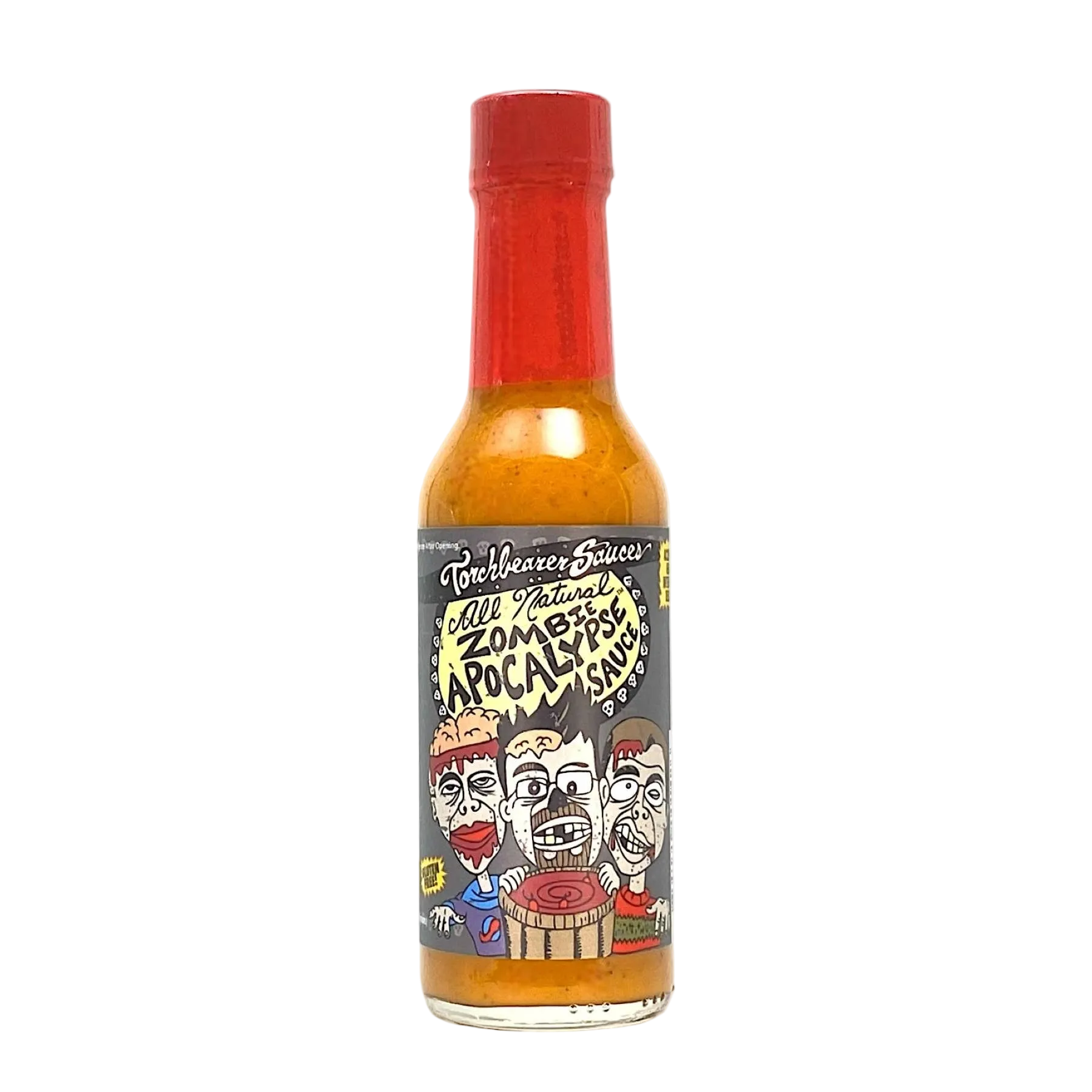 Hot sauce bottle with a colorful label on a white background
