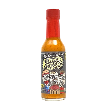 Hot sauce bottle with a colorful label on a white background
