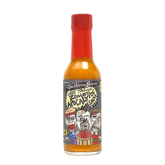 Hot sauce bottle with a colorful label on a white background