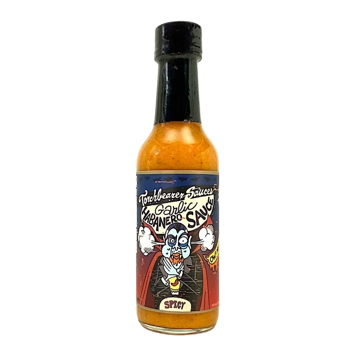Bottle of garlic hot sauce with a colorful label on a white background