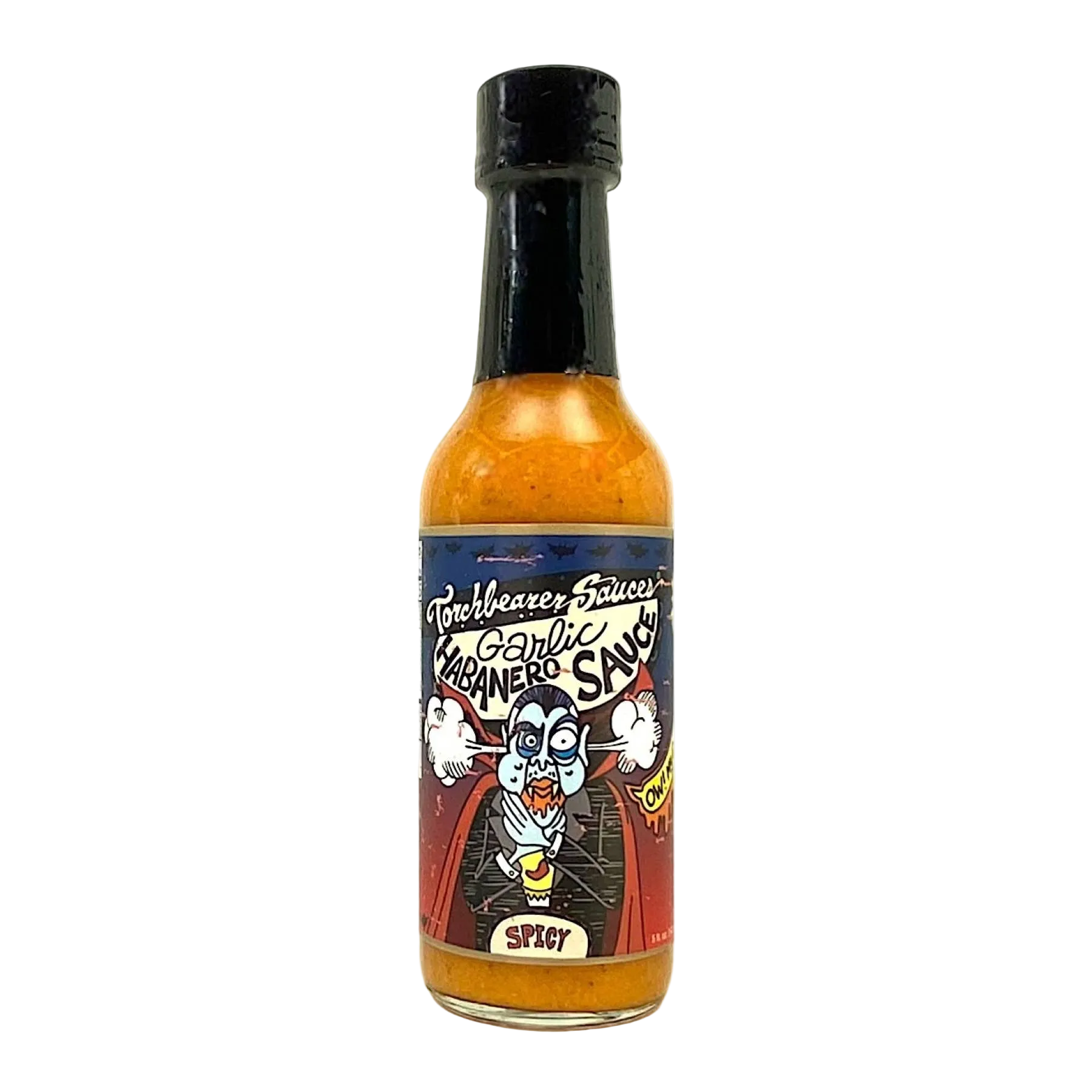 Bottle of garlic hot sauce with a colorful label on a white background